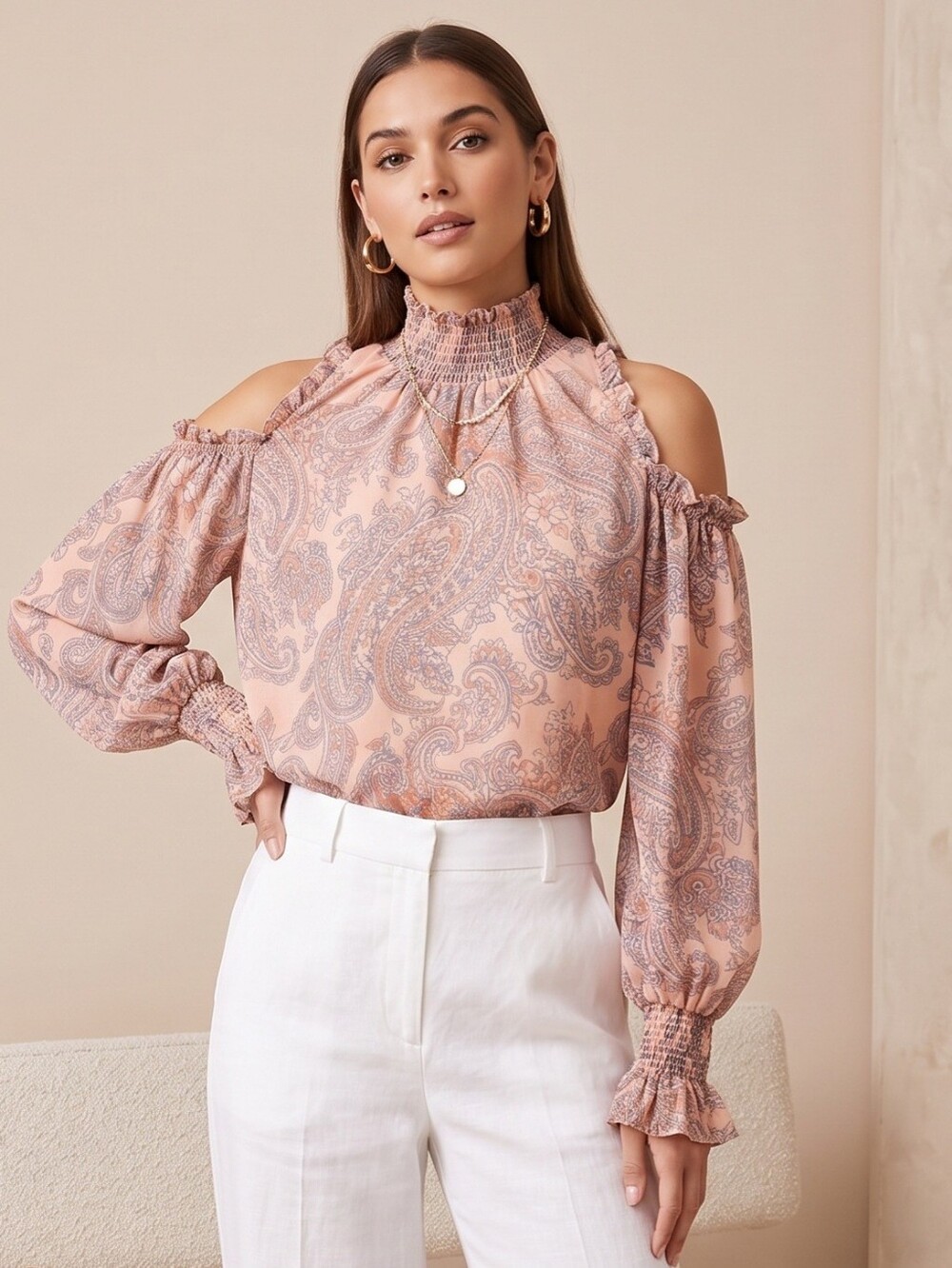 Smocked Cold-Shoulder Paisley Wide-Leg Top in Blush Pink